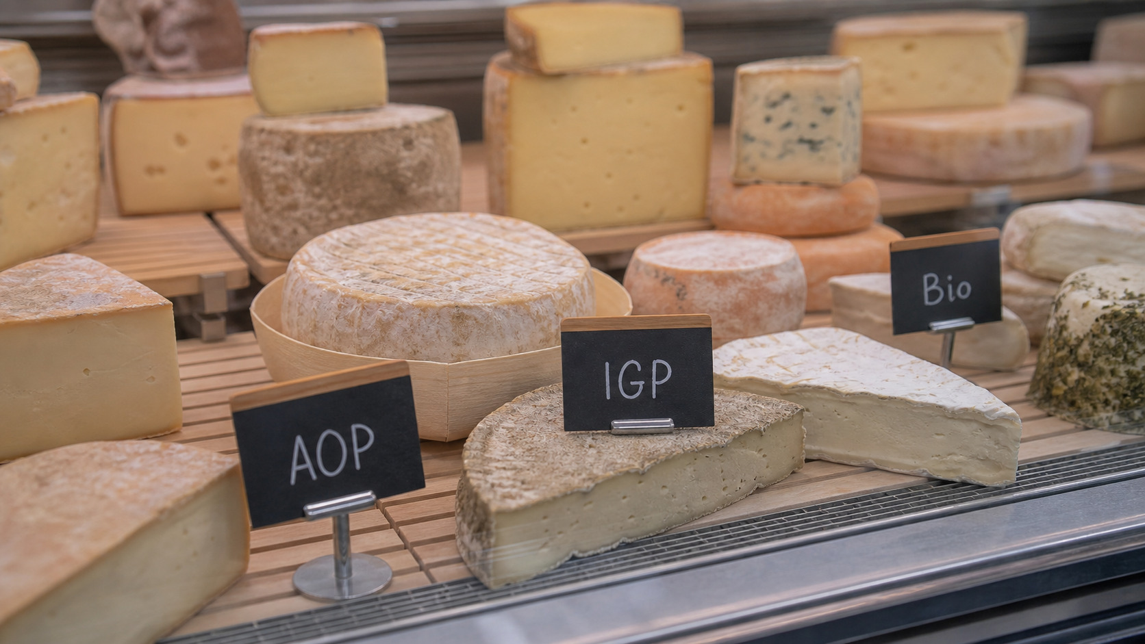 Étiquettes AOP, IGP et bio affichées près de fromages en vitrine