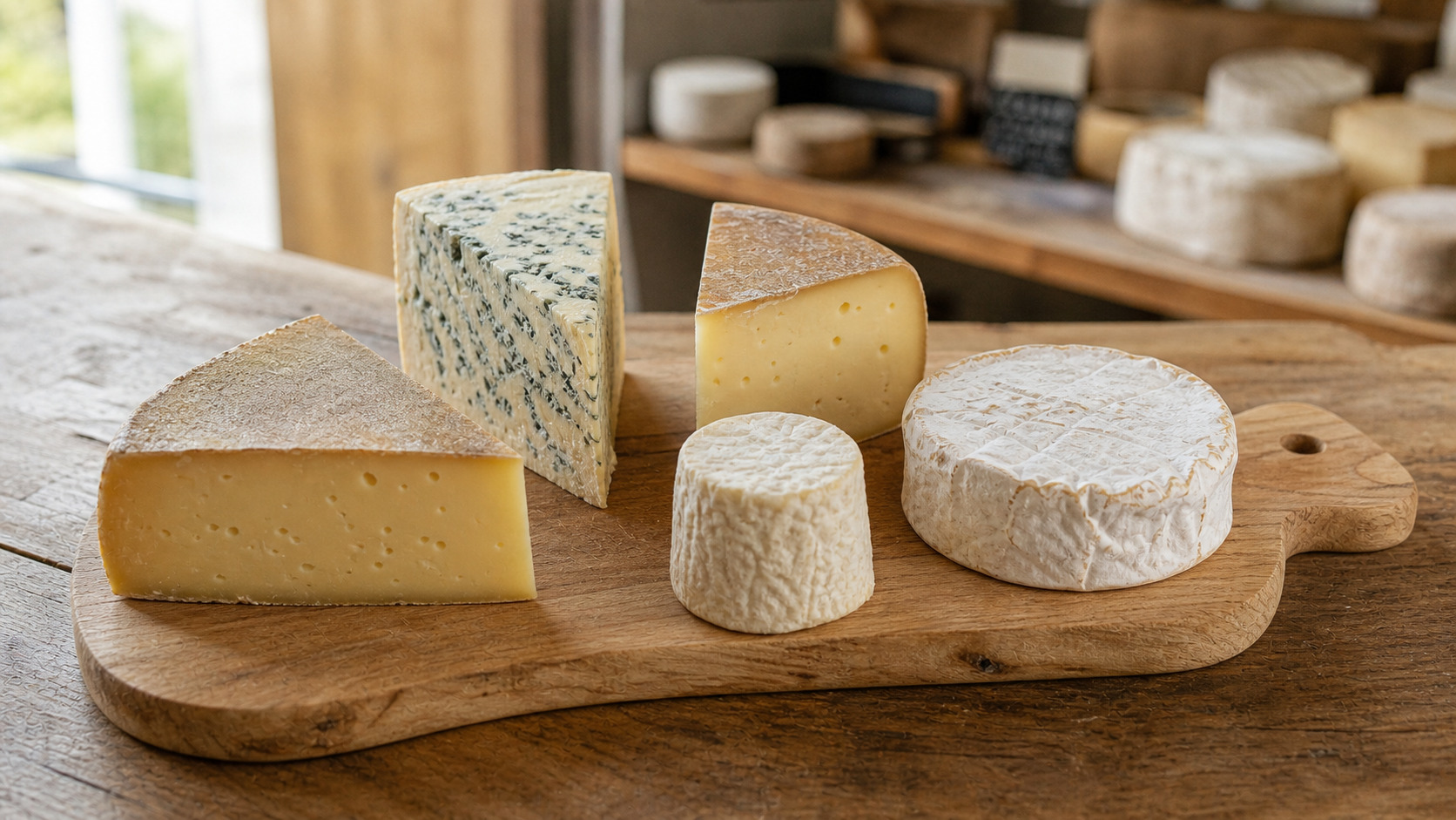Cinq fromages de familles différentes disposés sur une planche