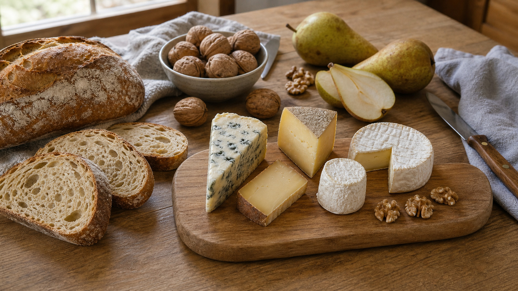 Pain, noix et poires servis à côté d'un plateau de fromages