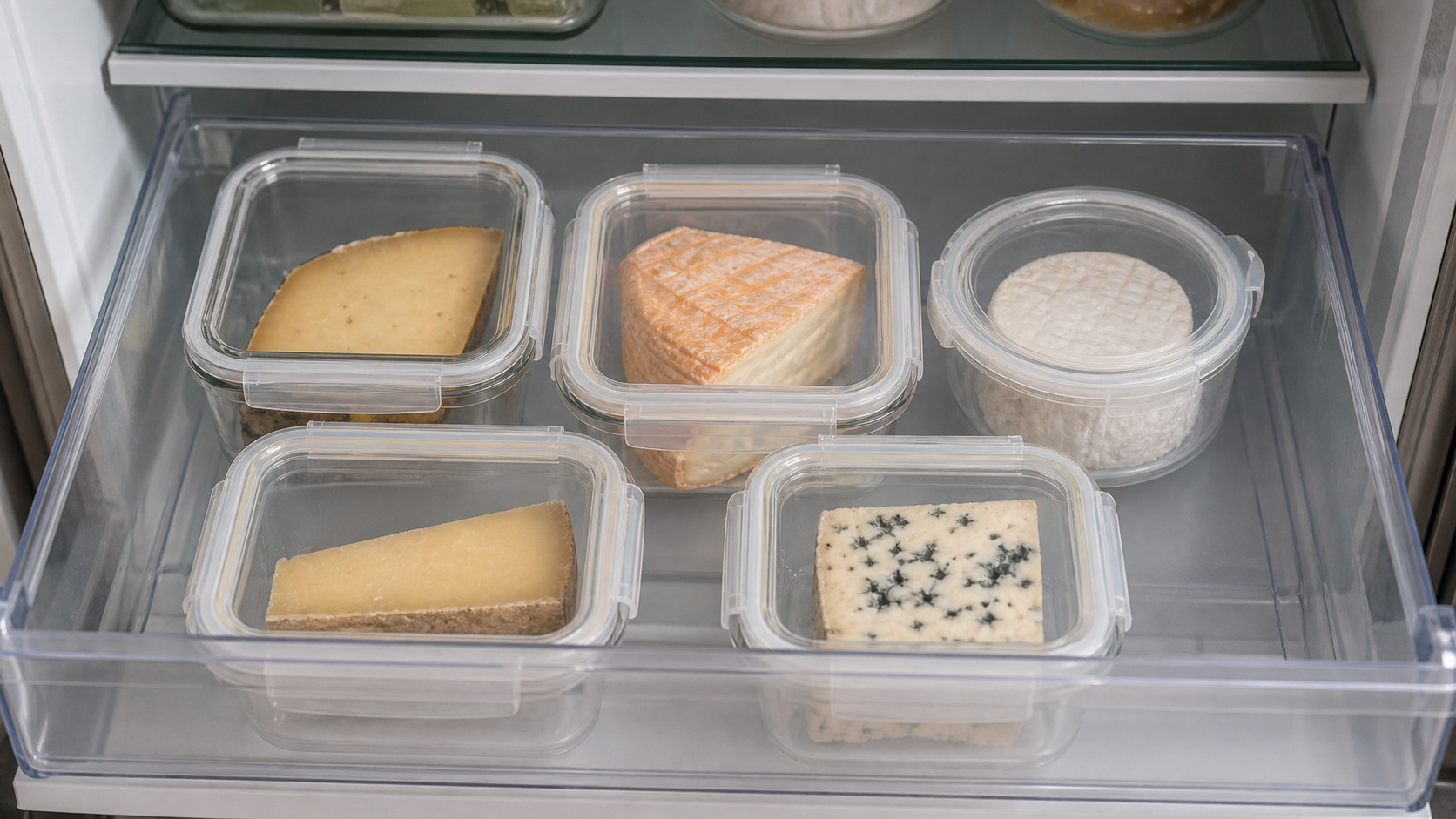 Fromages emballés séparément dans le bac d'un réfrigérateur