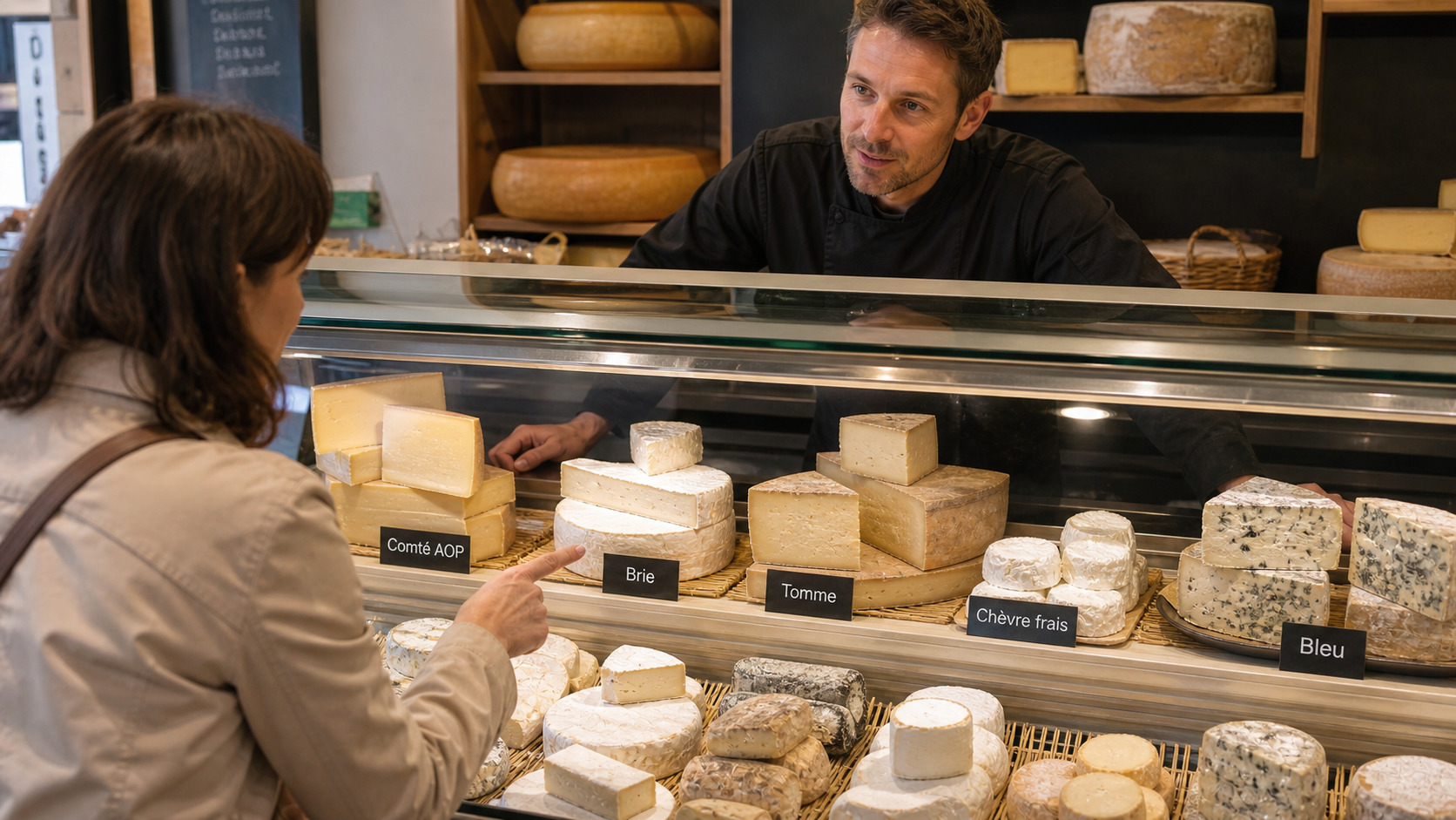 Client montrant une étiquette de fromage à un fromager derrière la vitrine