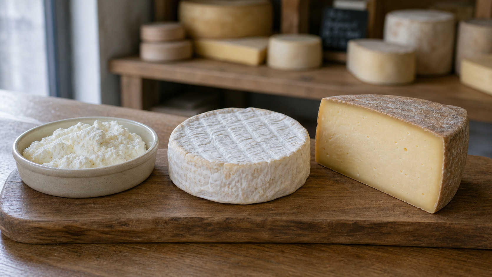 Fromage frais, camembert et tomme présentés côte à côte